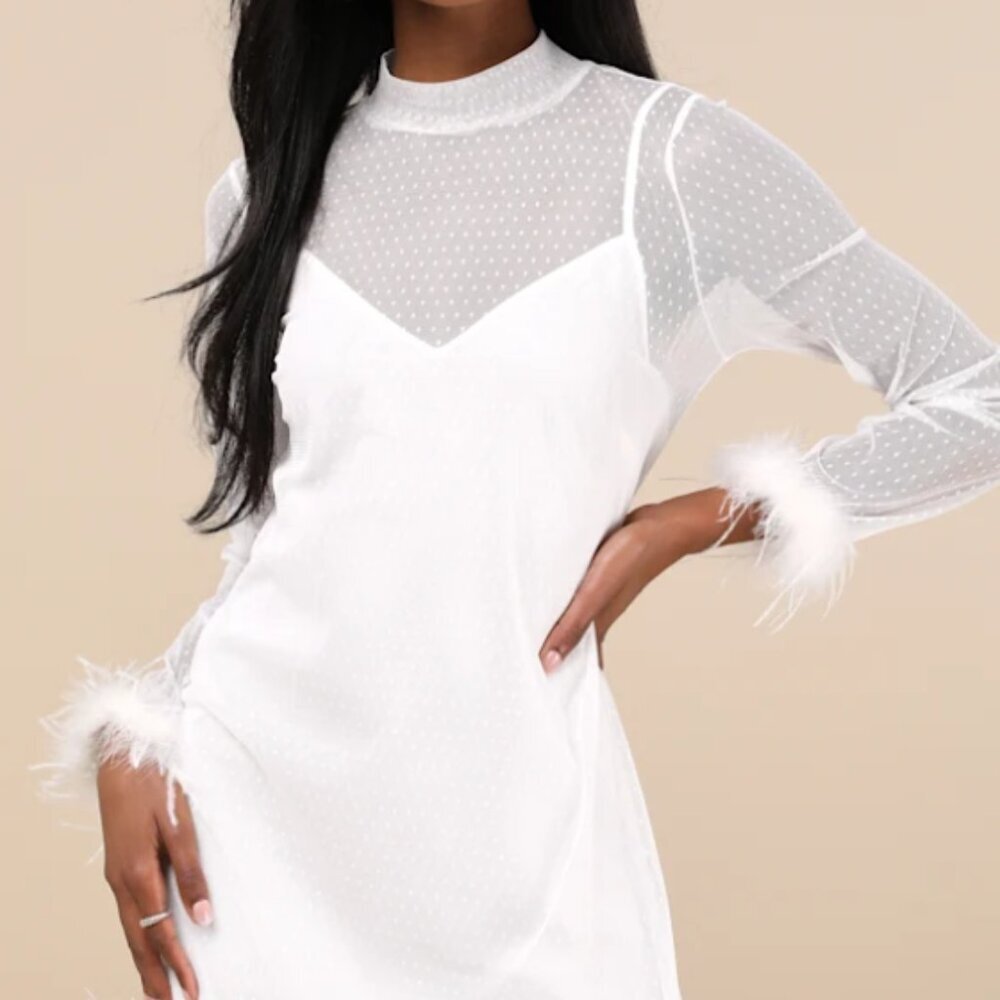 NWT Lulus Immaculate Charisma White Mesh Feather Long Sleeve Mini Dress - Size M